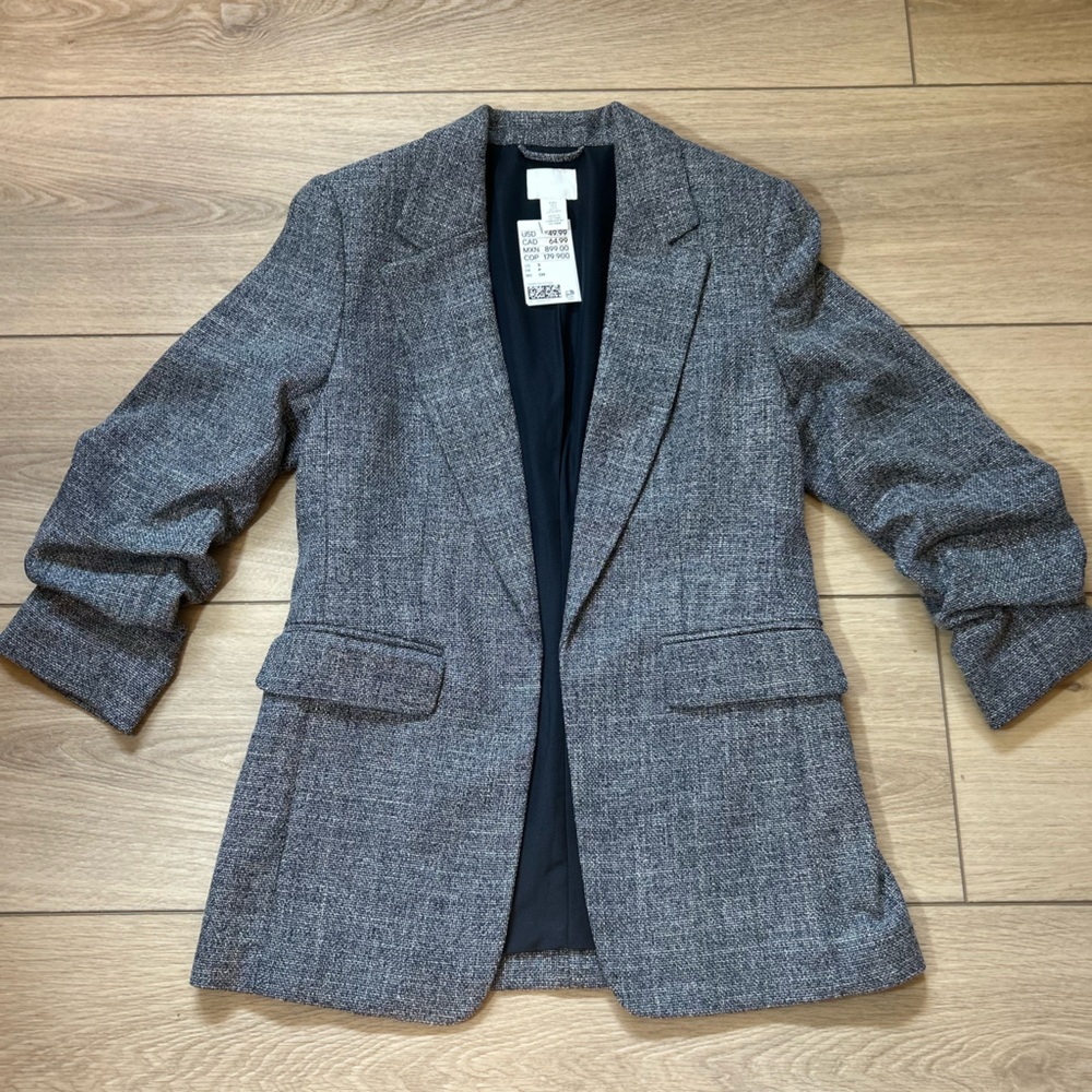 H&M Charcoal Tweed Gathered Sleeve Blazer - Picture 2 of 7